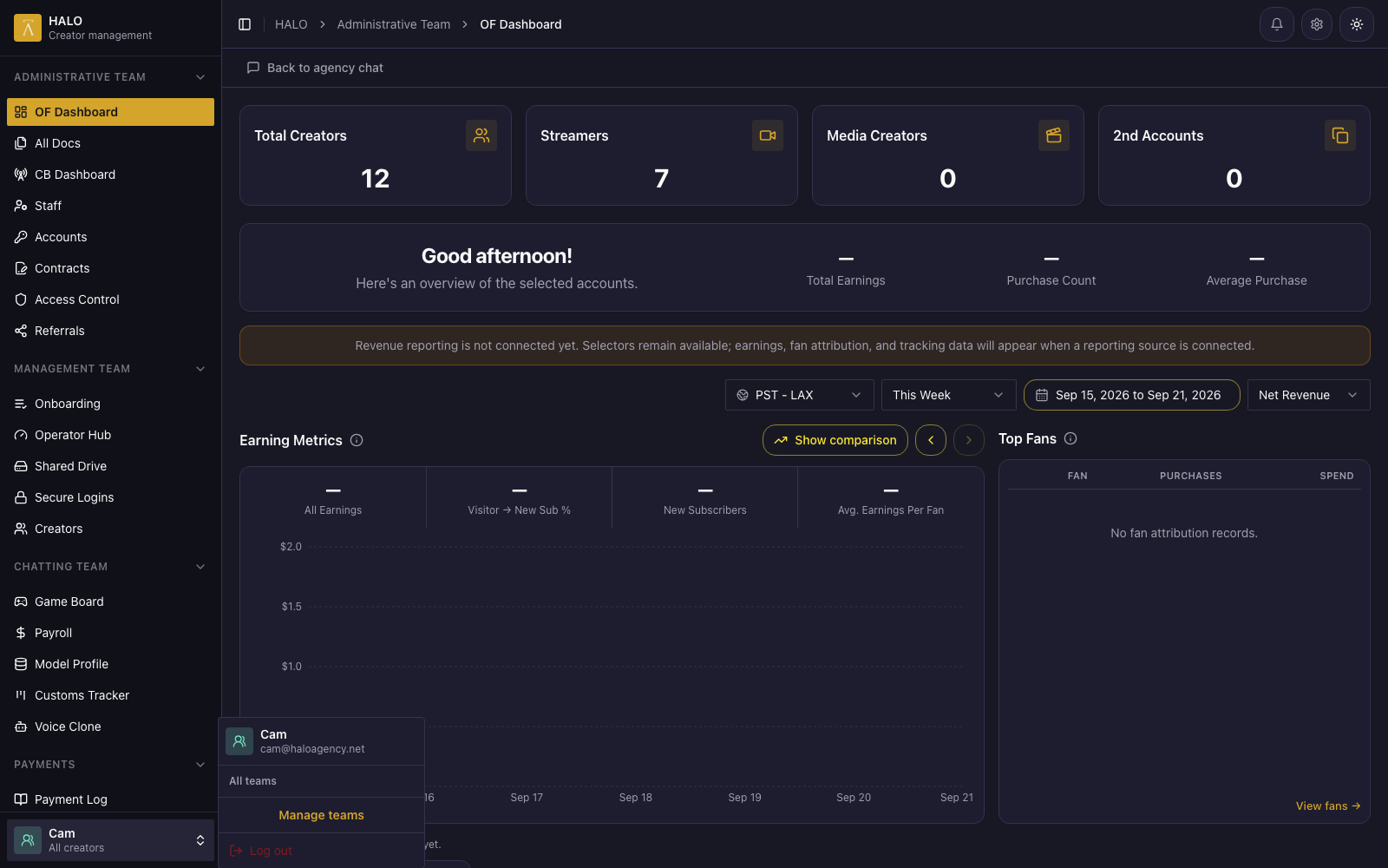 After: menu opens with Cam / email header and a separator