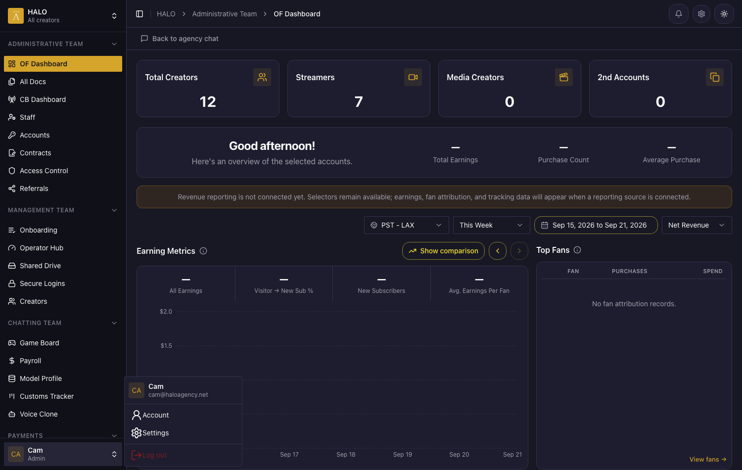 Account menu open with identity header and separators